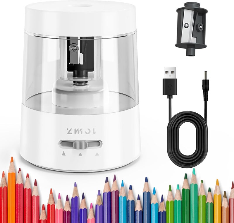 Zmol Electric Pencil Sharpener - Battery/USB Powered, 3 Sharpening Modes, for No.2 & Colored Pencils, White - Image 1